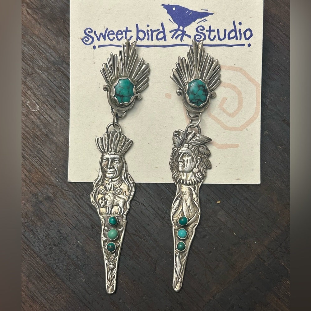 Sweetbird Studio Sterling Silver and Turquoise Indian Chief Earrings NIB